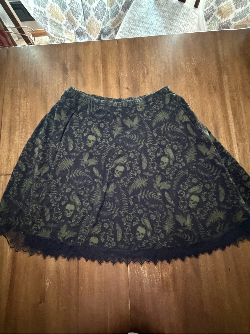 Midnight Hour Dark Green Skull Print A-Line Skirt with Lace Trim